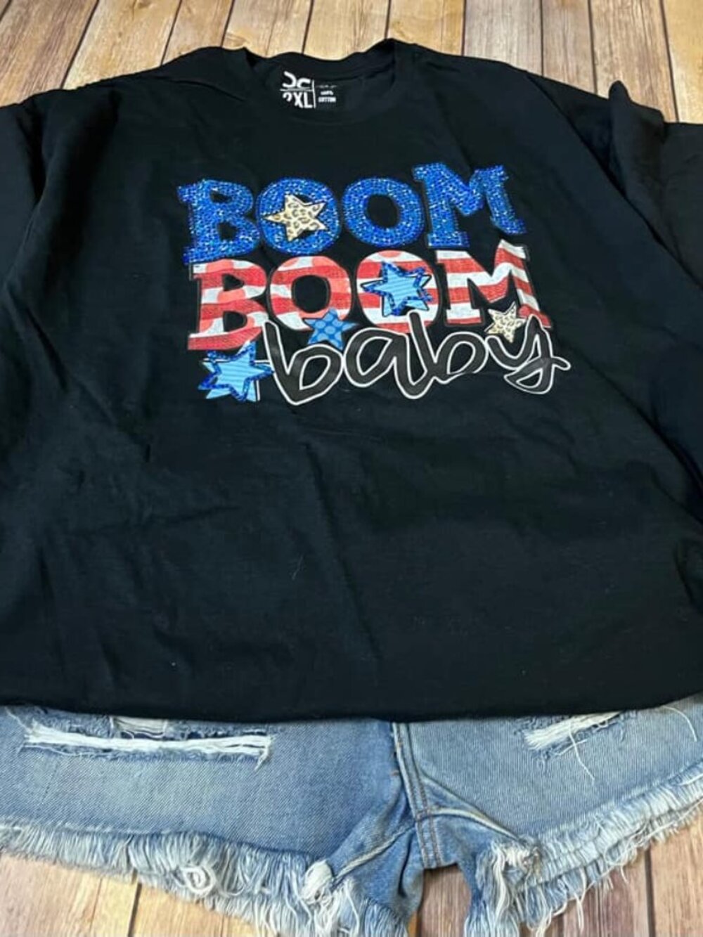 Boom Boom Baby Patriotic Graphic Tee 2XL Black Rhinestone Embellishment